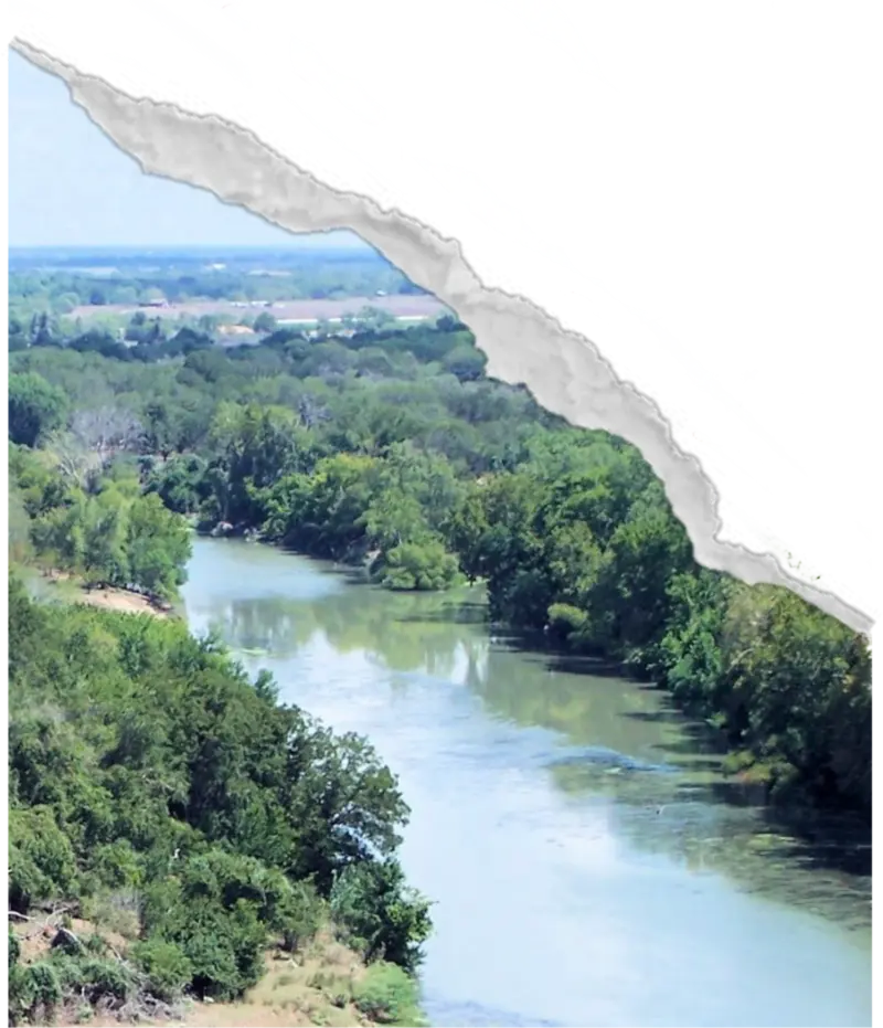The Colorado River bending through the trees below La Grange